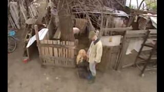 A sexy Russian girl has sex right in the village with a guy