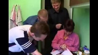 A Russian woman with appetizing forms has sex with four guys