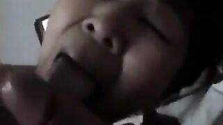 The Chinese woman practices blowjob with her mouth