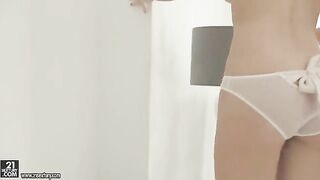 Skinny blonde girl masturbates her hairy pussy with passion