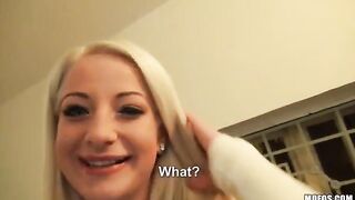 A blonde with natural tits has sex on camera