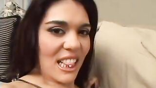 Ffm threesome sex with a girl wearing a skirt and fake boobs