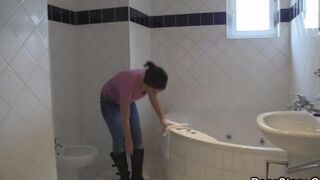 A hot brunette has a wild shower session and then gets fucked hard on the couch