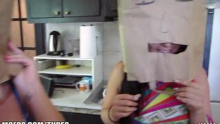Two girls wear bags on their heads and have sex with guys