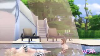 Redhead, blonde and brunette girls having sex in the pool