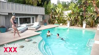Two students have a steamy encounter by the pool during a shower