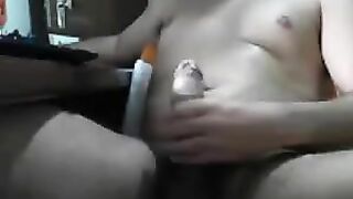 Sitting in front of the computer and masturbating penis jerk