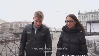 The first guy in the street gave a blowjob to a Russian beauty with glasses