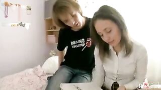 A classmate is having fun with her companion at her home