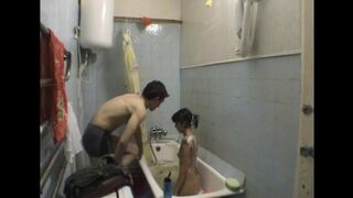 A sister has sex with her brother in the bathroom