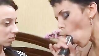 A mom is giving a lesson to her Russian daughter on how to perform a blowjob