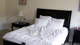 Two cute blondies are having gentle sex right in the bedroom
