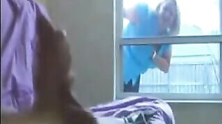 A woman peeps on a guy jerking off in the ward