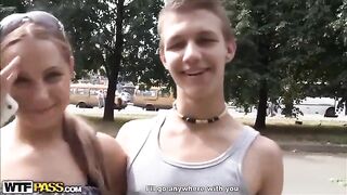 A girl was licked by two guys in a steamy outdoor scene
