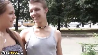A girl was licked by two guys in a steamy outdoor scene