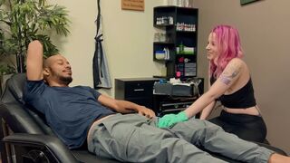 A man with a tattoo got his dick sucked by a hot woman