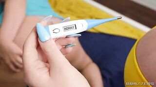 A girl with big natural boobs is unable to leave her bed, she is asking for help