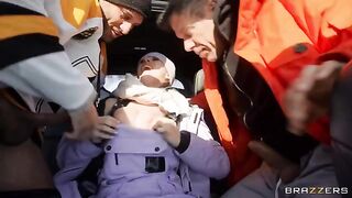 Snow Angel fucked by two guys in a car and on nature