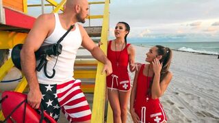 Two lifeguards share a cock in an FFM threesome