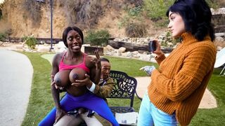 Nude flash on a bench with an interracial twist and big boobs action