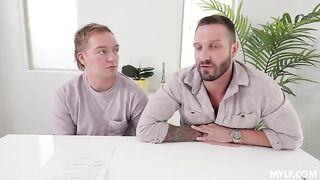 A housewife simulates sex with a guy in stockings and fake moans