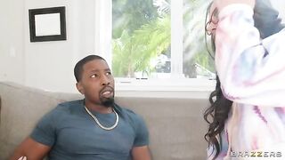 Sexy girlfriends fuck with a young man in an interracial threesome