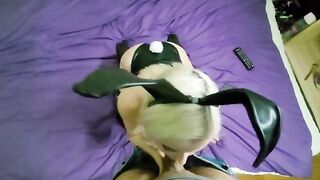 The bunny girl passionately sucks cock and swallows balls, showcasing her oral skills