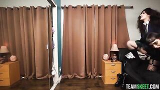 Two girls in a threeway sex with friends at a gothic party