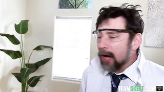 The girl is serving her sentence for the authorities in an office scene