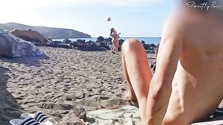 Two hot girls got caught by a pervert wanker on a nude beach