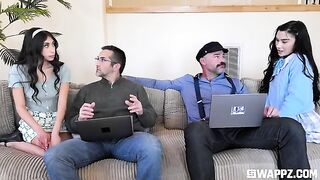 A group of beautiful girls gave the stepfather a stunning party on the couch