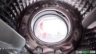 A blonde helps a guy whose dick vibrates from the washing machine