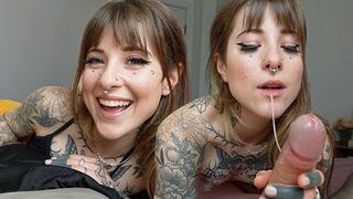 The hot tattoo girl sucks cock like a professional