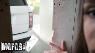Abella Danger kneels to thank her savior with her trimmed pussy