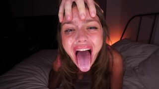 The guy made a mess on her face after giving her a blowjob