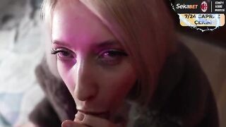 The guy made a mess on the chin of a prostitute in a fur coat