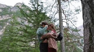 Man and girlfriend have sex on the forest floor
