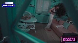 The man is having sex with a gorgeous brunette in the hotel room