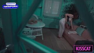 The man is having sex with a gorgeous brunette in the hotel room