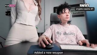 A girl rubs her pussy on the table and gets a cumshot