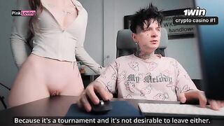 A girl rubs her pussy on the table and gets a cumshot