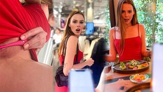 A petite girl almost gets caught while masturbating with a remote-controlled vibrator in public