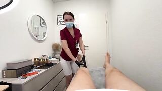 A hot nurse smoothes everything out before sucking with latex gloves