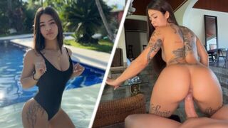 A petite girl has sex with her neighbor in the pool