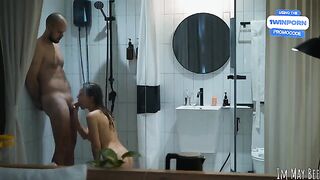The shower stall is cramped, but it’s just right for the two of them