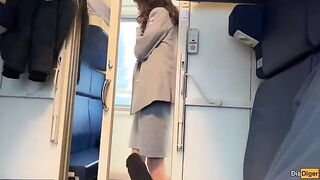 A cute girl was caught jerking off by the train conductor in a risky encounter
