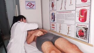 A doctor conducts a thorough oral examination of a patient in a fake hospital setting
