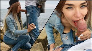 A sexy girl has sex with a guy with a big cock outdoors