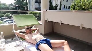 The Italian whore makes blowjob on the balcony of her seaside villa