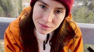 A naughty girl gets a blowjob from a stranger on the mountain cableway